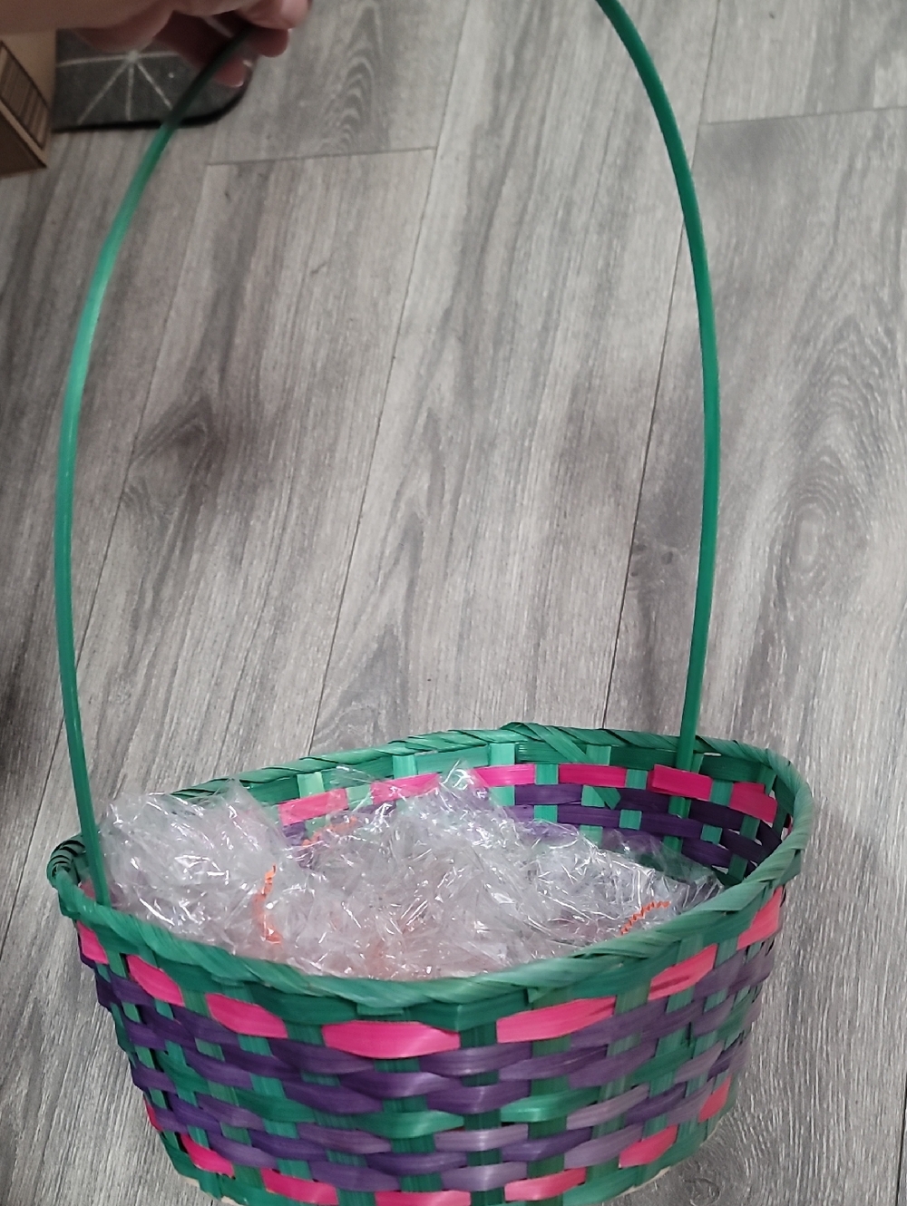 Woven Easter Basket with Green Handle and Multicolor Weave